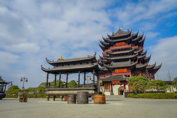 CHONGYUANG TEMPLE, CHINA - 29 JANUARY, 2017: Beautiful red and black tower with stunning chinese architecture, seen from medium distance on a nice sunny day