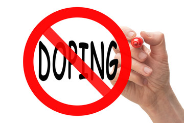 Hand drawing stop sign around the word doping. Conceptual.