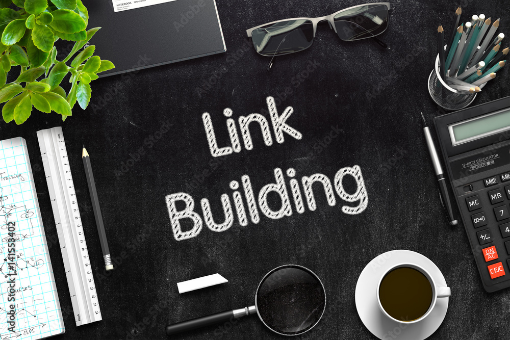 Poster link building on black chalkboard. 3d rendering.