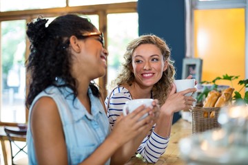 Two female friends interacting while having coffee