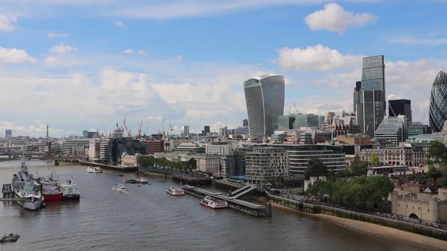 View to Skyscrapers in the financial district of City of London from Tower Bridge, United Kingdom