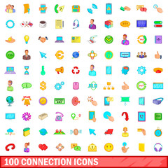 100 connection icons set, cartoon style