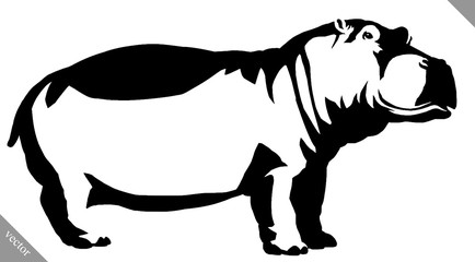 black and white linear paint draw Hippo vector illustration