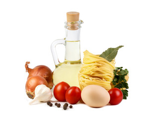 Products still life isolated vegetables pasta oil spices egg