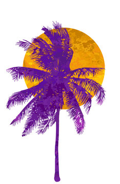 Isolated watercolor palms and sun on a white background. A tropical sunset or sunrise. Vector illustration.