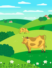 Country landscape. Freehand drawn cartoon outdoors style. Herd of grazing cows on summer green meadow. Rural community farm houses scene view on hills, fields, trees. Vector countryside background