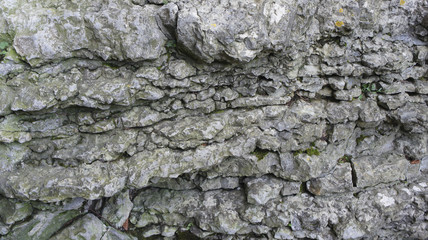 Old stone wall, natural masonry. Moss on gray stone, texture for background, panorama