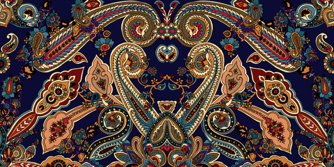 Streszczenie geometryczny wzór Paisley. Tradycyjny orientalny ornament. Żywe kolory na niebieskim tle indygo. Projektowanie tkanin. - 141559039