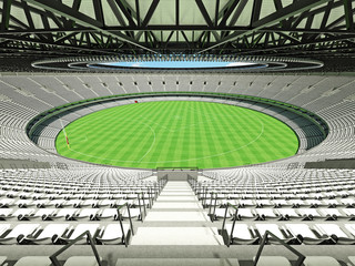3D render of a round Australian rules football stadium with  white seats and VIP boxes