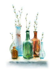 Watercolor painting. Spring still life. Colorful bottles and twigs with buds on white background.