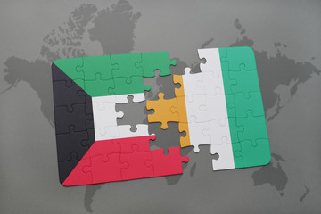 puzzle with the national flag of kuwait and cote divoire on a world map