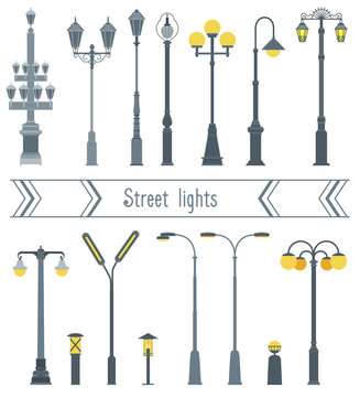 Set of street lanterns in different shapes. The style flat.