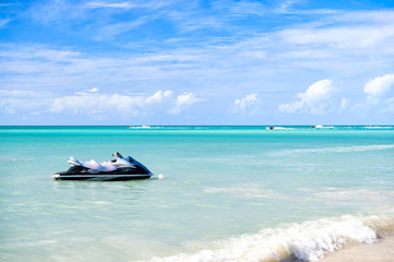Fototapeta na wymiar jet ski, water motorcycle, bike on sea, St. John, Antigua