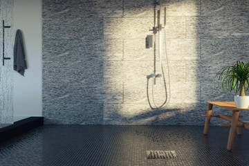 Moderner Duschraum mit Glastüren und Mosaikfliesen im Sonnenlicht