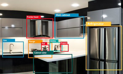 Machine learning recognition things , iot and internet of things concept with kitchen background. Application calculate name of things.