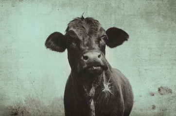 Cute angus cow on farm with vintage grunge effect.  Black heifer face against rural sky, great for background or print. - obrazy, fototapety, plakaty