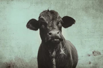 Stoff pro Meter Niedliche Angus-Kuh auf dem Bauernhof mit Vintage-Grunge-Effekt. Schwarzes Färsengesicht gegen ländlichen Himmel, ideal für Hintergrund oder Druck. © ccestep8