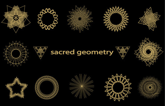 Set sacred geometry abstract elements vector isolated on black background