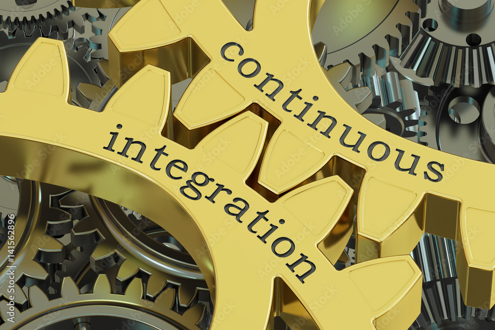 Poster continuous integration concept on the gearwheels, 3d rendering