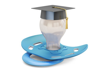 Baby education concept, pacifier with graduation cap. 3D rendering
