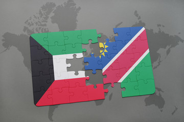 puzzle with the national flag of kuwait and namibia on a world map