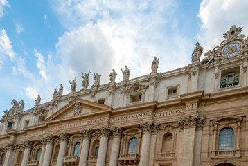 Fototapeta na wymiar Facade of St. Peter's Basilica. Latin text reads: in honor of the Prince of the Apostles Paul V Borghese, Supreme Roman Pontiff, in the year 1612, the 7th year of his pontificate