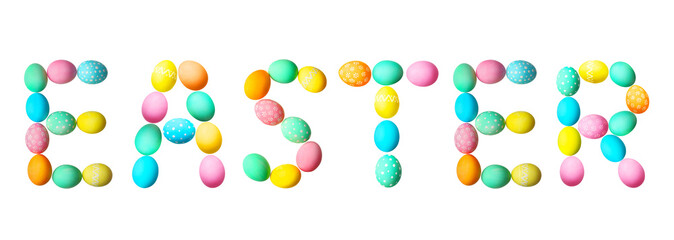 Word EASTER made of eggs on white background