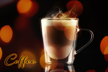 Cup of hot and aromatic coffee on bokeh background