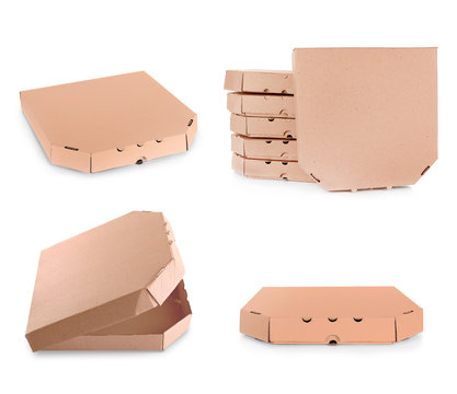 Different views of pizza box on white background