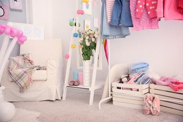 Beautiful interior of child's room decorated for birthday celebration