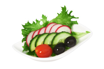 Salad of fresh vegetables In white cup on white background