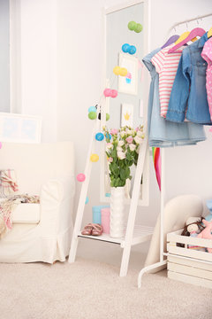 Beautiful interior of child's room decorated for birthday celebration