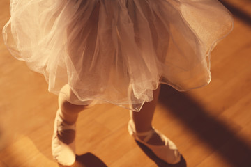 Legs of little ballerina in dance studio