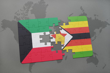 puzzle with the national flag of kuwait and zimbabwe on a world map