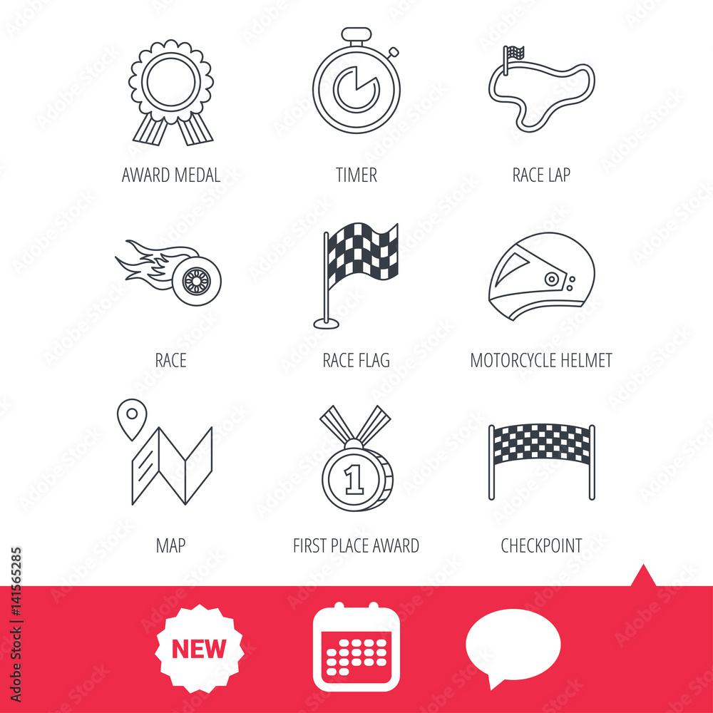 Poster race flag and speed icons. winner medal, motorcycle helmet and timer linear signs. map navigation fl