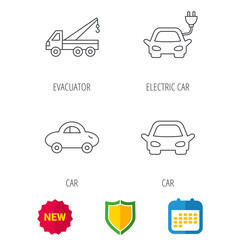Electric car, evacuator and transport icons. Car linear signs. Shield protection, calendar and new tag web icons. Vector