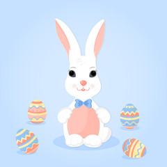 Easter Bunny with pink ears in a blue bow and paschal eggs.