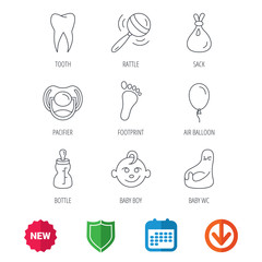 Pacifier, baby boy and bottle icons. Tooth, footprint and wc toilet linear signs. Rattle, air balloon and sack flat line icons. New tag, shield and calendar web icons. Download arrow. Vector