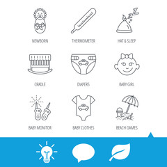 Newborn clothes, diapers and sleep hat icons. Thermometer, baby girl and cradle linear signs. Beach games, monitoring flat line icons. Light bulb, speech bubble and leaf web icons. Vector