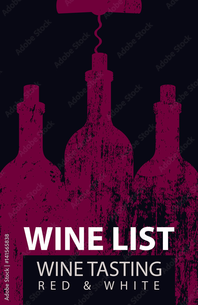 Poster vector wine list for wine tasting patterned red bottles with corkscrew on the black background of a 