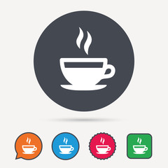Coffee cup icon. Hot tea drink symbol. Circle, speech bubble and star buttons. Flat web icons. Vector