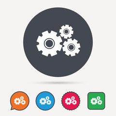 Cogwheels icon. Repair service symbol. Circle, speech bubble and star buttons. Flat web icons. Vector