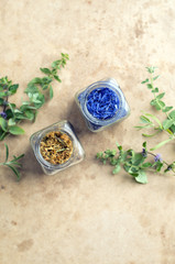 Dried and fresh healing herbs, herbal medicine