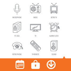TV remote, retro phone and radio icons. PC case, microphone and alarm clock linear signs. Download arrow, locker and calendar web icons. Vector