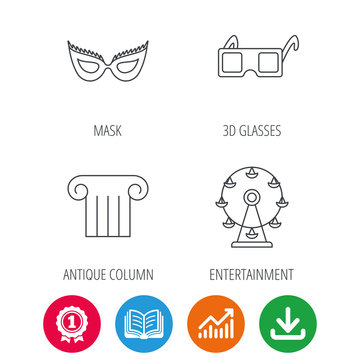 Mask, 3d glasses and column icons. Ferris wheel linear sign. Award medal, growth chart and opened book web icons. Download arrow. Vector