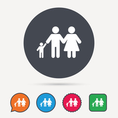 Family icon. Father, mother and child symbol. Circle, speech bubble and star buttons. Flat web icons. Vector