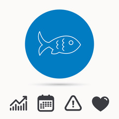 Fish with fin and scales icon. Seafood sign. Vegetarian food symbol. Calendar, attention sign and growth chart. Button with web icon. Vector