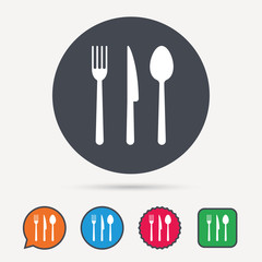 Fork, knife and spoon icons. Cutlery symbol. Circle, speech bubble and star buttons. Flat web icons. Vector