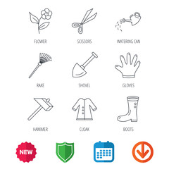Scissors, hammer and gloves icons. Shovel, watering can and rake linear signs. Cloak, boots and flower flat line icons. New tag, shield and calendar web icons. Download arrow. Vector