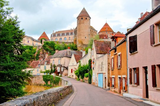 View toward the ancient fortified town of Semur en Auxois, Burgundy, France